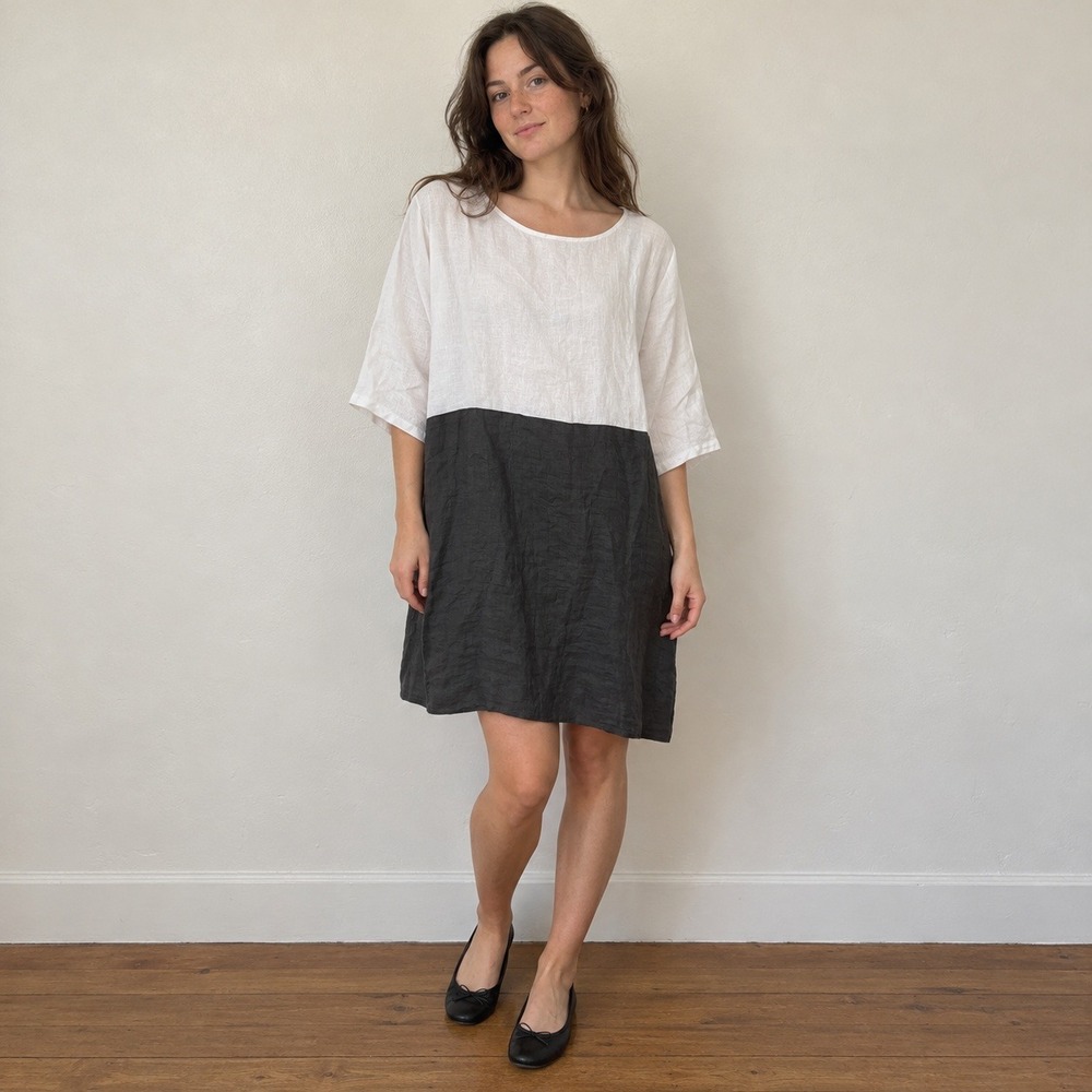 Vanessa Zani Women Dress Medium White Black Colorblock Linen Dolman Sleeve Italy